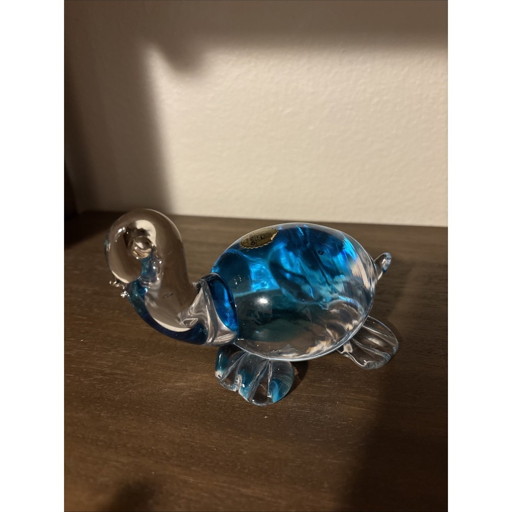 Vintage Murano Art Glass Sea Turtle Figurine Hand Blown Blue W/original Sticker